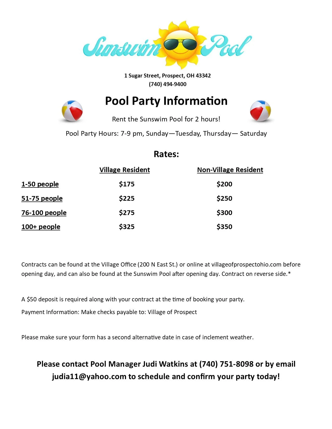 Sunswim Pool Party Contract Front 2026 Village Resident and Non-Village Resident rates. $50 deposit required along with contract to book your party. Make checks payable to: Village of Prospect. Call 740-751-8098 for scheduling and details.