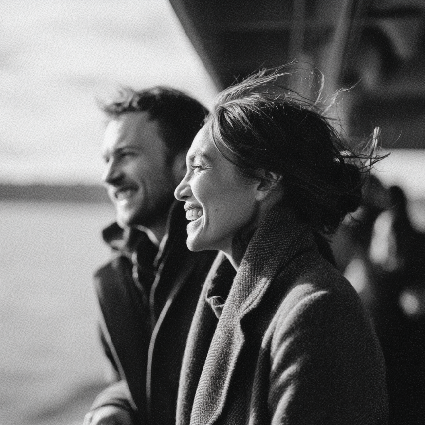 Black and white candid photograph of a couple sharing a quiet moment together in Seattle