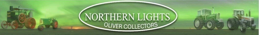 Farm equipment displayed on a green background advertising Northern Lights Oliver Collectors.