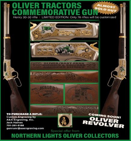 Advertisement for Oliver Tractors commemorative gun set with engraved rifles, limited edition, coming soon from Northern Lights Oliver Collectors.