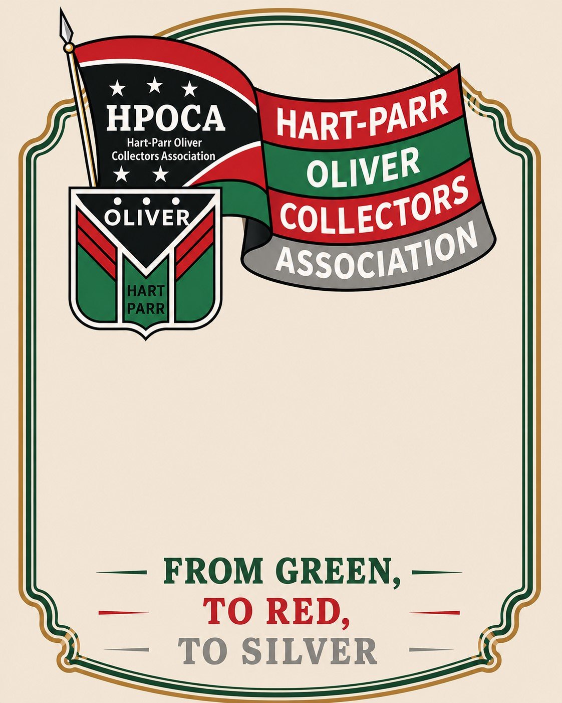 A vintage-style emblem for the Hart-Parr Oliver Collectors Association, featuring a flag with the organization's initials and a ribbon with the text 'HOPCA HART-PARR OLIVER COLLECTORS ASSOCIATION' and a green border reading 'FROM GREEN, TO RED, TO SILVER'.