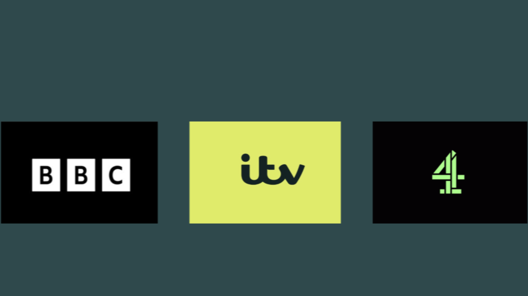 Logos of BBC, ITV, and Channel 4 on a dark background.