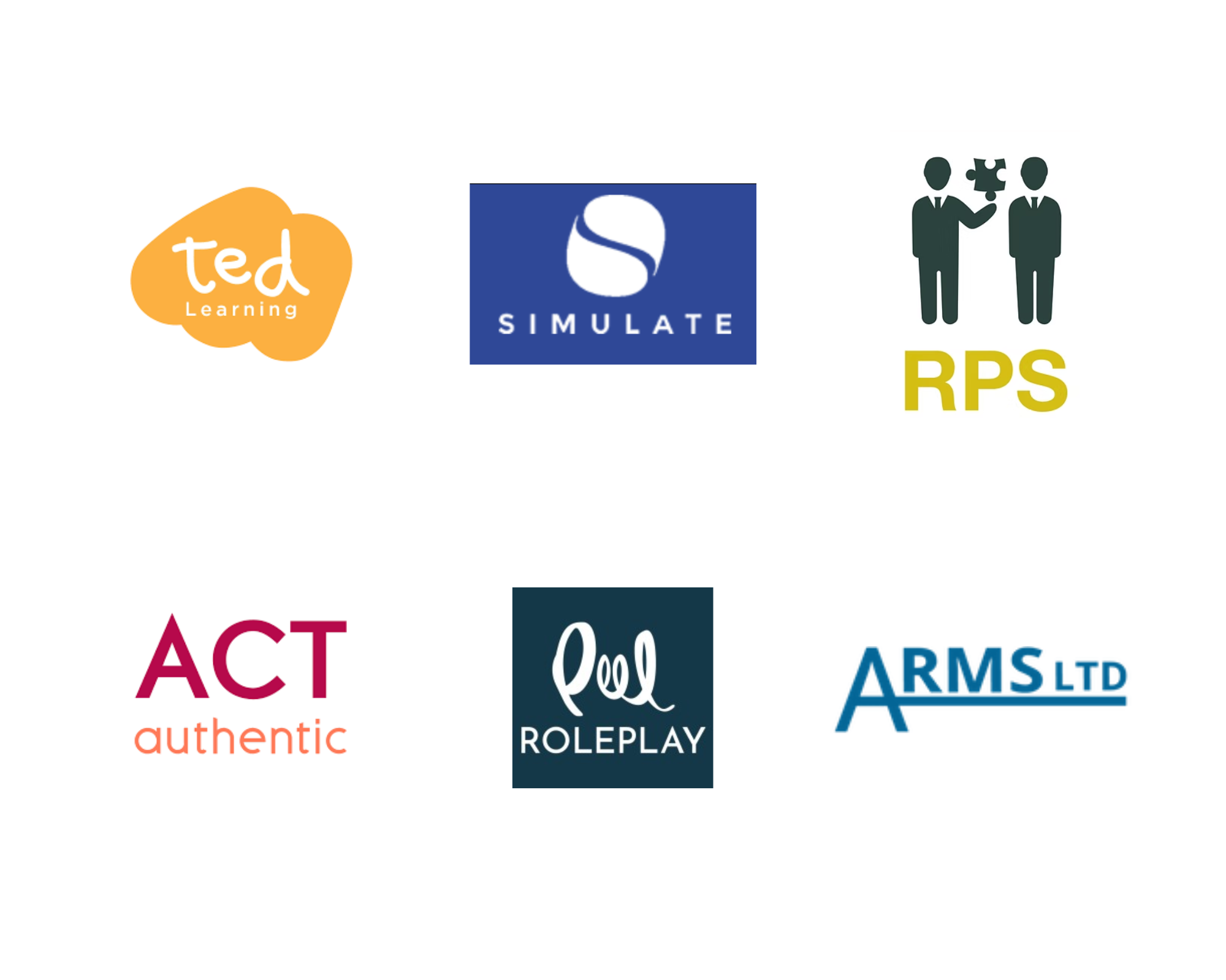 Logos of consultancy clients including TED Learning, Simulate, RPS, ACT Authentic, Peel Roleplay and ARMS Ltd.
