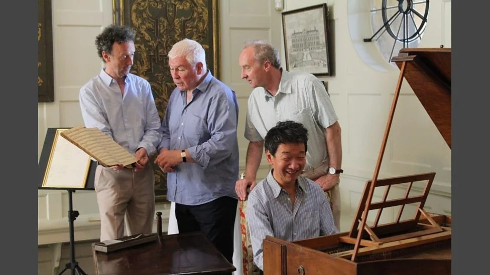 Alongisde Sean Rafferty and the Duke of Buccleuch with Melvyn Tan on Handel's harpsichord. The instrument was out of tune, but Melvyn gamely gave a quick rendition. Image Credit: BBC Radio 3