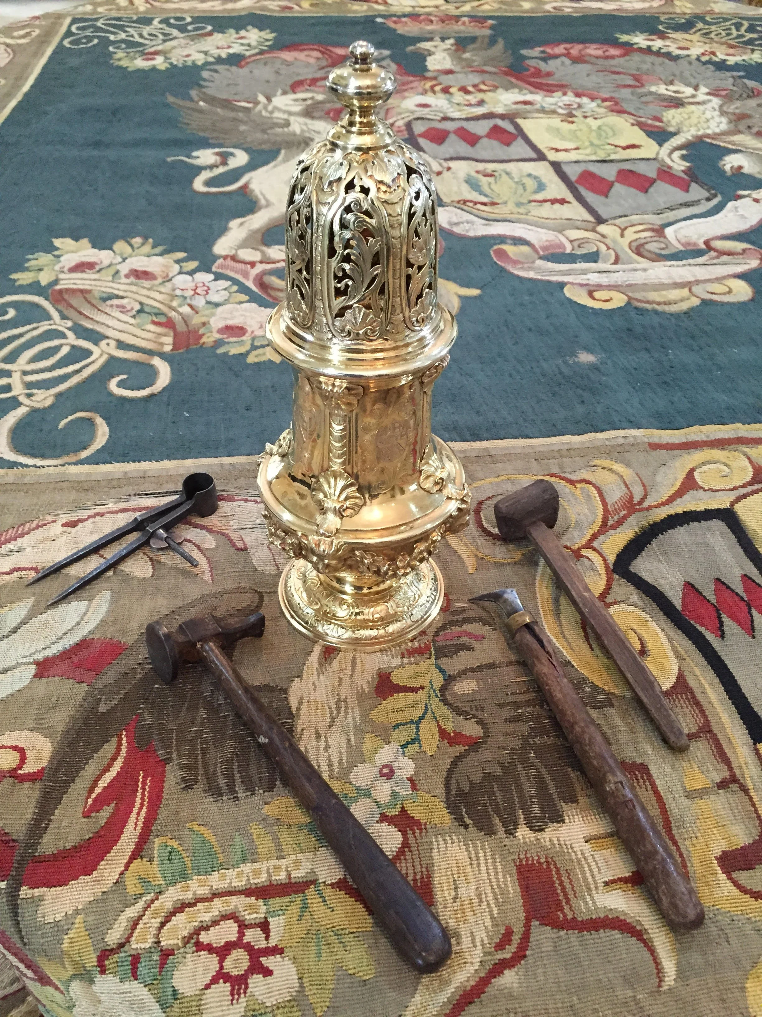 Huguenot tapestry, silver, and tools featured in the 2015 Huguenot Exhibition at Boughton House.