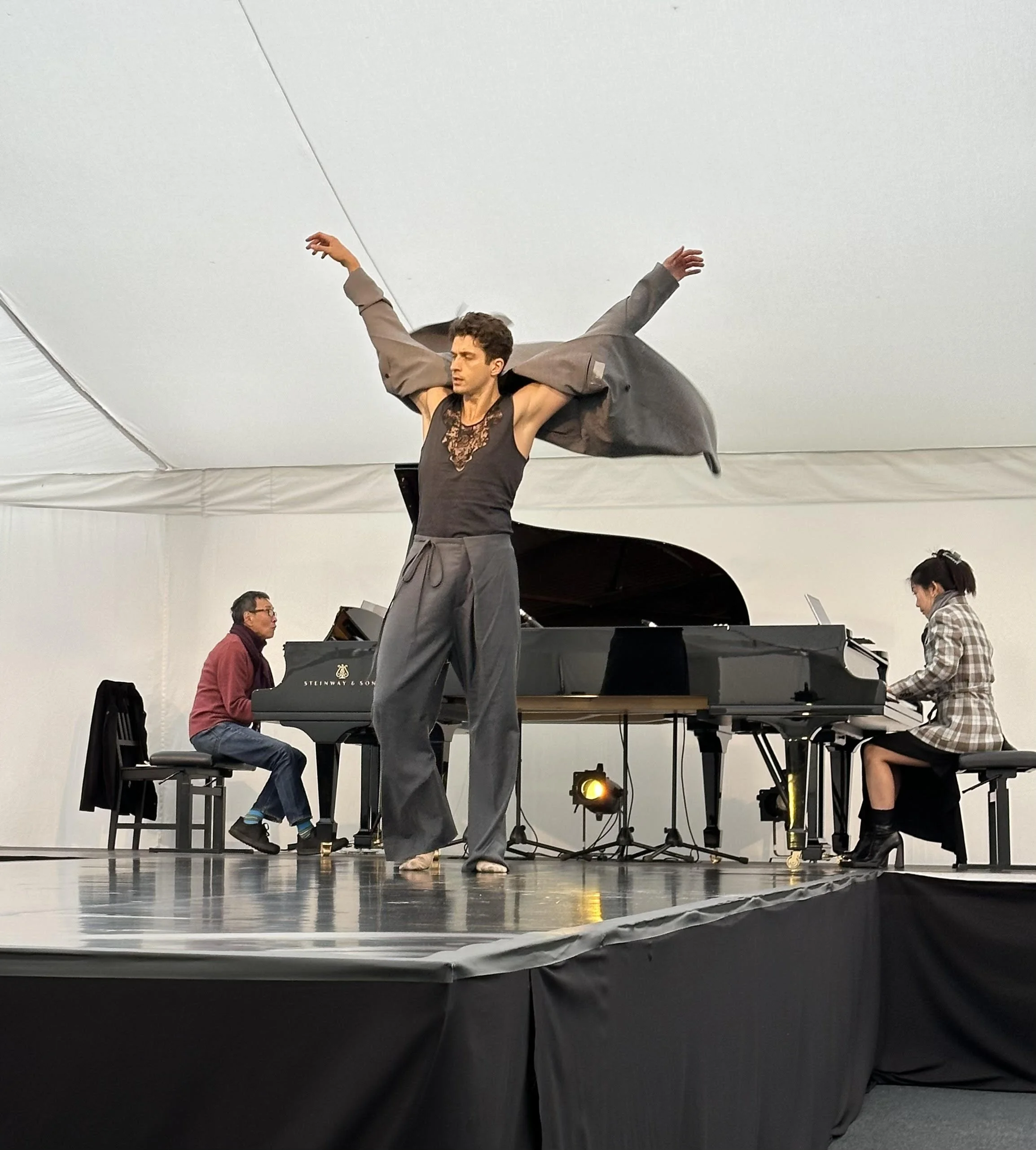 Melvyn Tan and Churen at Charleston in rehearsal with Royal Ballet soloist Reece Clarke for Debussy’s L’Après-Midi d’un Faun, choreographed by Russell Maliphant. This 2024 Music and Word performance included Stravinsky’s Rite of Spring for two pianos