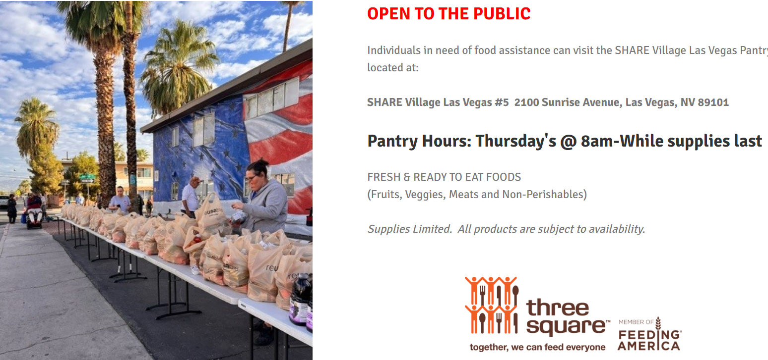 People distribute food bags on a street with palm trees and a building in the background, part of a food assistance event organized by Three Square and Feeding America.