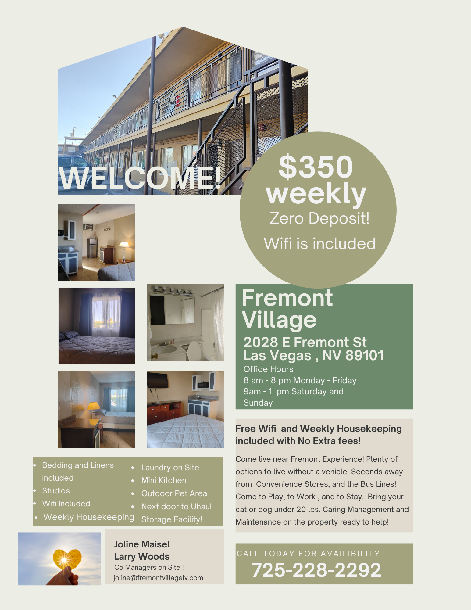 Flyer advertising Fremont Village, a lodging facility in Las Vegas, Nevada, listing weekly rates, amenities, contact information, and interior and exterior photos.