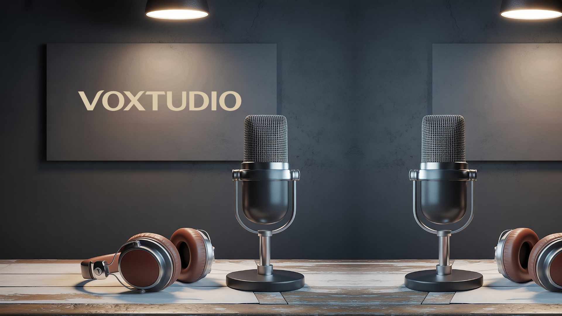 Podcaststudio met microfoon en koptelefoon op een houten tafel, met logo VOXTUDIO en belichting.