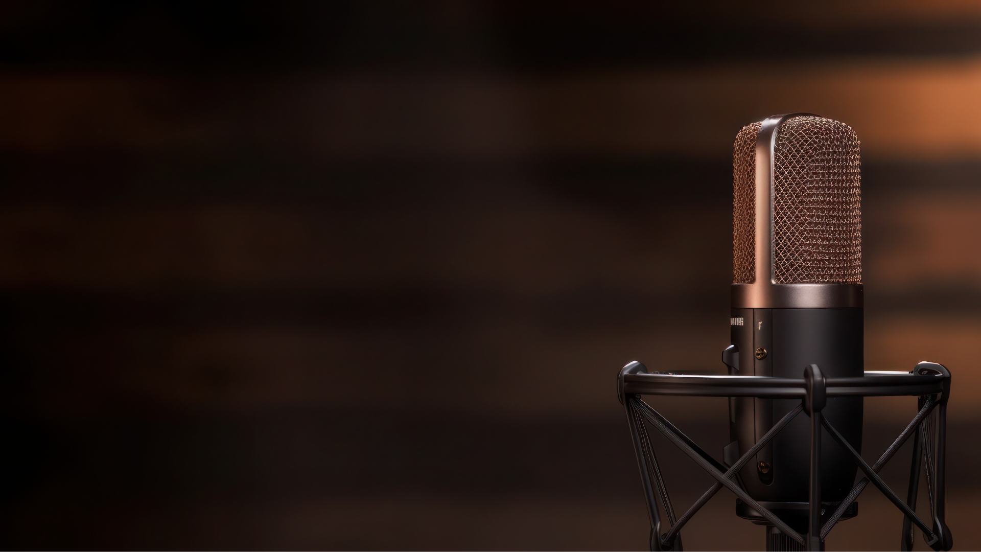 Een grote podcastmicrofoon met een donkere, wazige achtergrond.