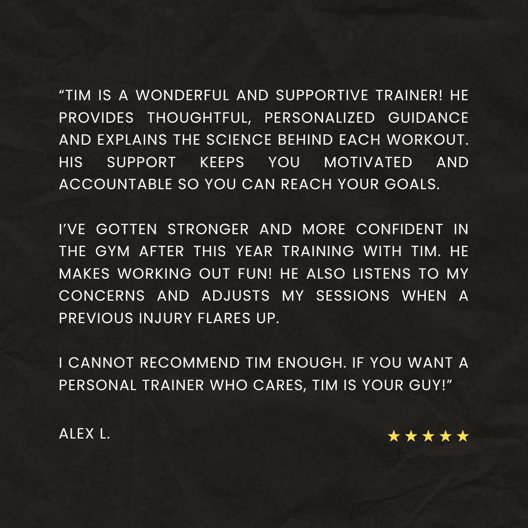 Testimonial text praising trainer Tim for personalized guidance and support during workouts, mentioning increased confidence and strength, with five gold stars at the bottom right.