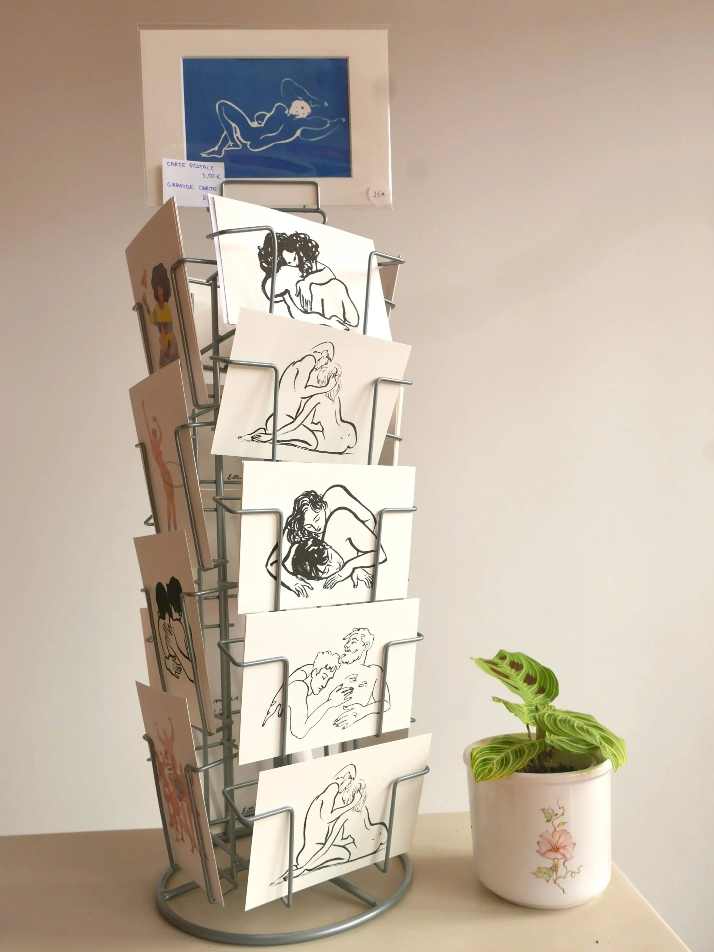 Un présentoir à cartes postales avec plusieurs dessins en noir et blanc de femmes dans des positions suggestives, placé à côté d'une plante verte dans un pot décoré de fleurs.