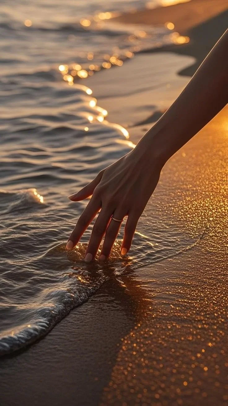 A person's hand with a ring touches ocean water at sunset on a sandy beach.
