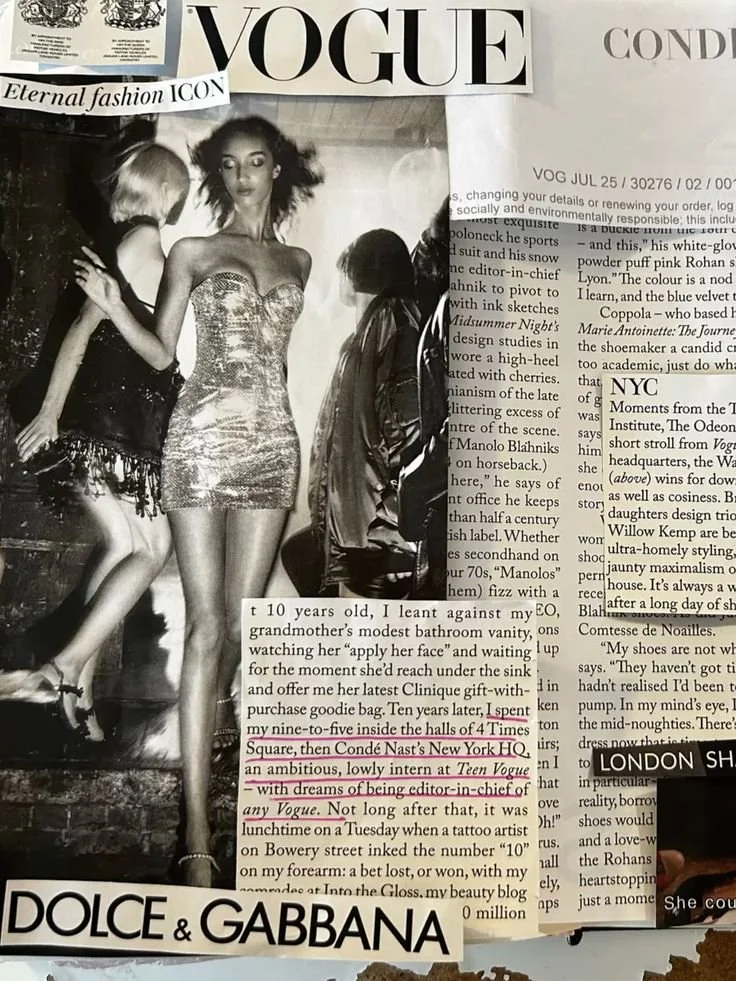 Collage of magazine clippings featuring a black and white fashion photo of a woman in a strapless dress, Vogue logo, and various text snippets about fashion and career highlights.