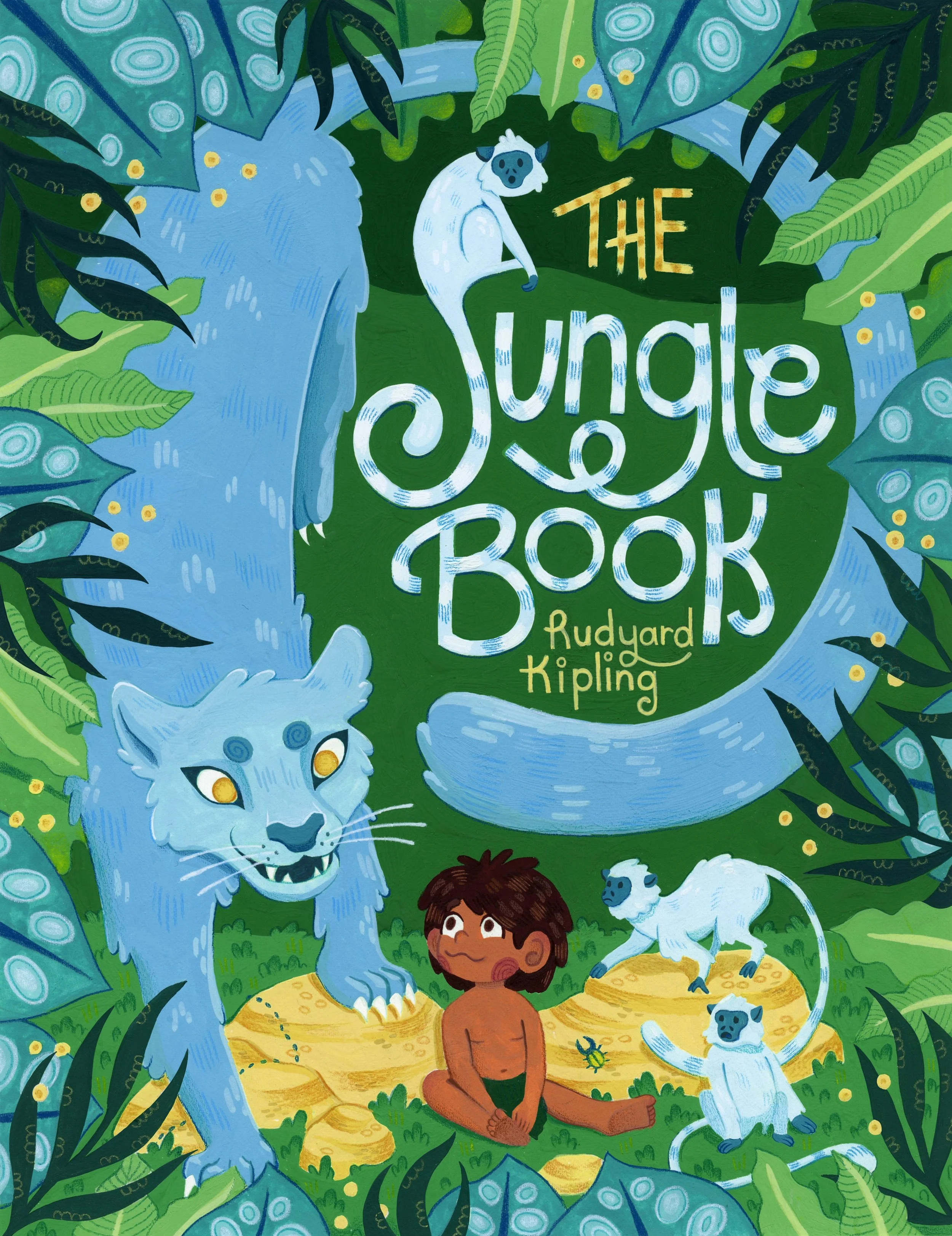 Book cover for Rudyard Kipling's "The Jungle Book" in gouache. 