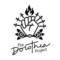 A tattoo-style logo featuring a clenched fist with a flame on top, surrounded by crosses and roses, with the text 'The Doula Project' below.