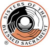 Logo of Sisters of the Blessed Sacrament featuring two hands, one black and one white, holding a host with a circular border