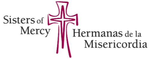 Logo for Sisters of Mercy, with a stylized cross and the text in English and Spanish.