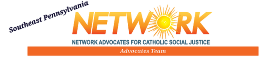 Logo for Southeast Pennsylvania Network Advocates for Catholic Social Justice with a sun at the 'O' in Network, and orange and blue text.