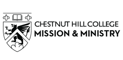 The Chestnut Hill College logo featuring a shield with a torch, tree, and dove, alongside the text 'Chestnut Hill College Mission & Ministry'.