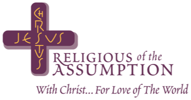Logo for Religious of the Assumption featuring a purple cross with gold script and the text 'Religious of the Assumption. With Christ... For Love of The World'.