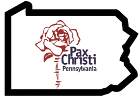 Outline of the state of Pennsylvania with a red rose and the words "Pax Christi Pennsylvania."