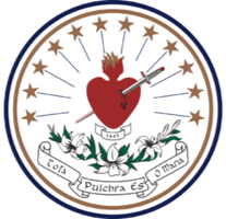 A circular emblem featuring a red anatomical heart with a dagger piercing through it, surrounded by a ring of brown stars and a blue outer border. Below the heart is a white banner with the words 'Cota Pulcra Es O Mida' and green leaves.