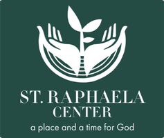 Logo for St. Raphael Center featuring a stylized image of hands holding a plant, with the words 'St. Raphael Center' and the motto 'a place and a time for God'.