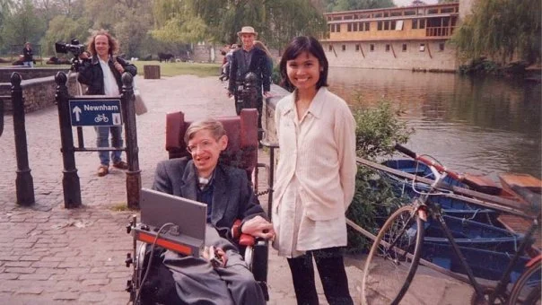 Young Maya Marin in Cambridge England with Stephen Hawking