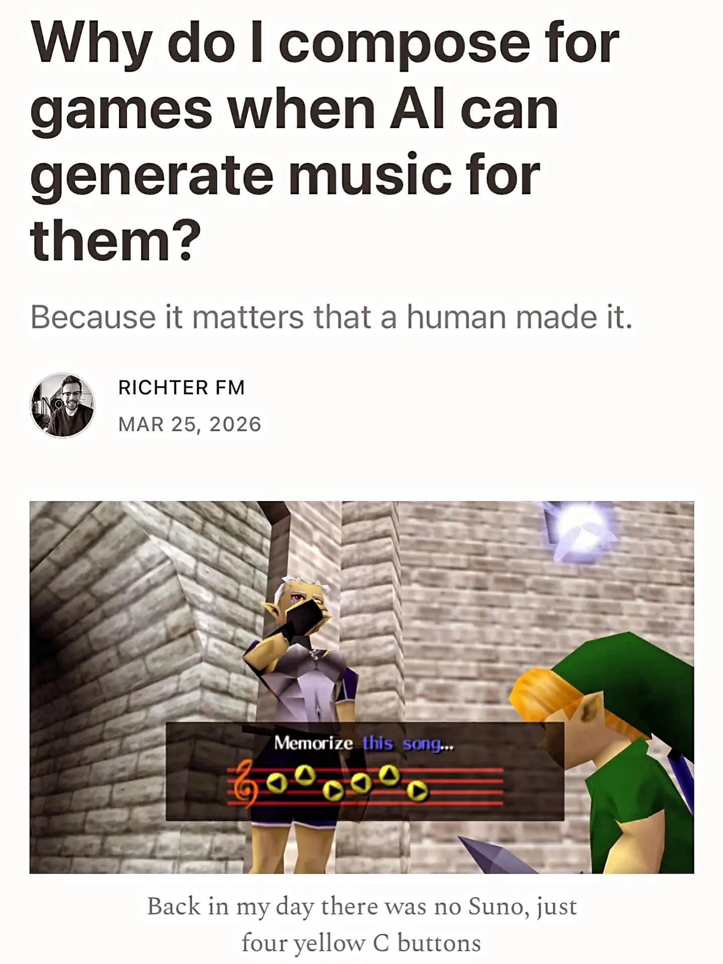 New post on Substack: a short essay on why I want to make music for games, touching on some of my favourite moments in gaming and why it matters that a human composed the music for them.

Subscribers get free tracks to use in games, so hit it.

#game