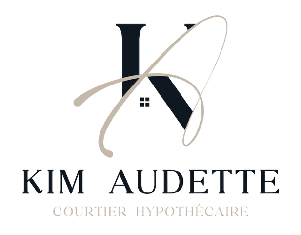 Logo avec la lettre K stylisée en forme de maison, nom "Kim Audette" et titre "Courtier Hypothécaire".