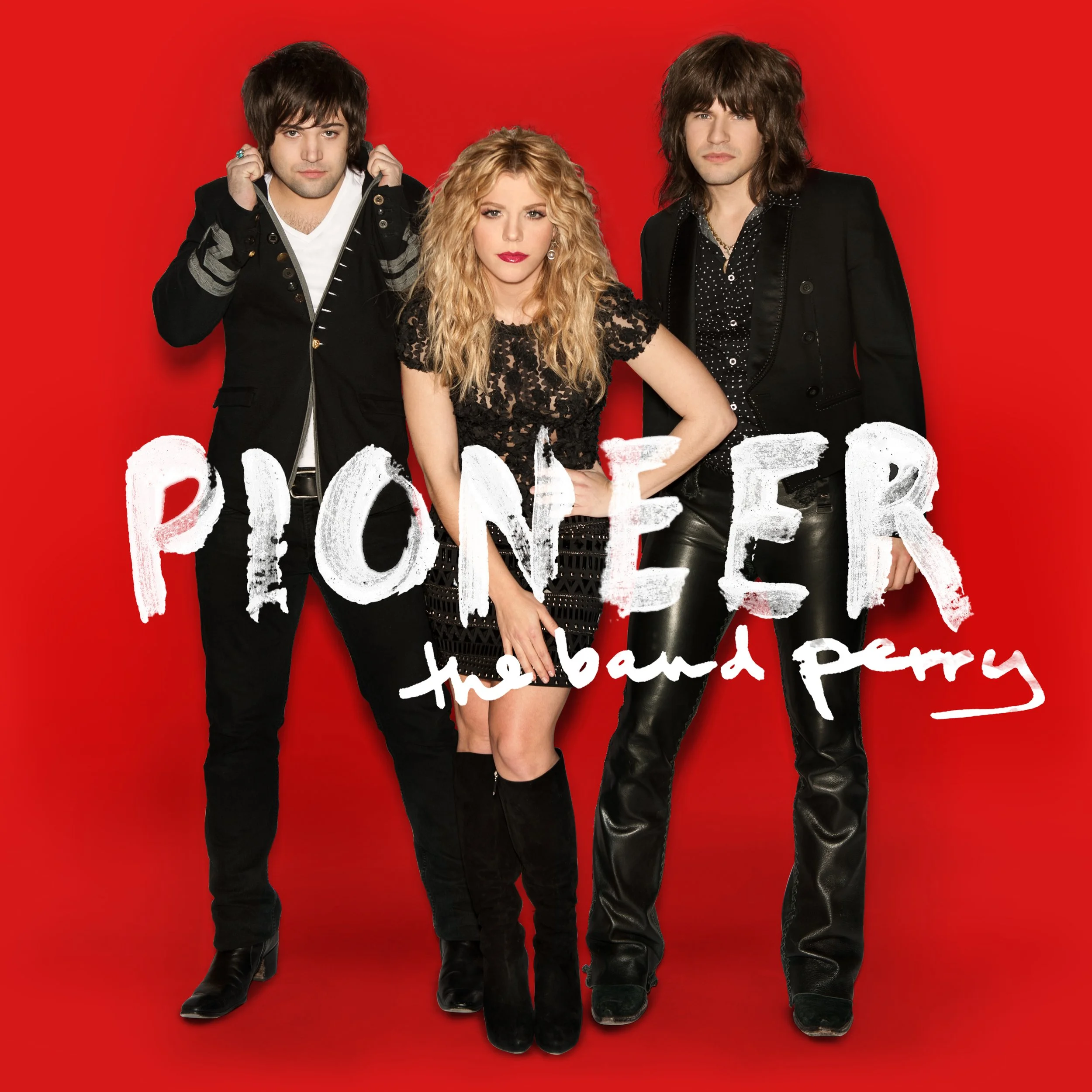 Blonde woman in center between two men with black hair. Text "Pioneer The Band Perry" centered