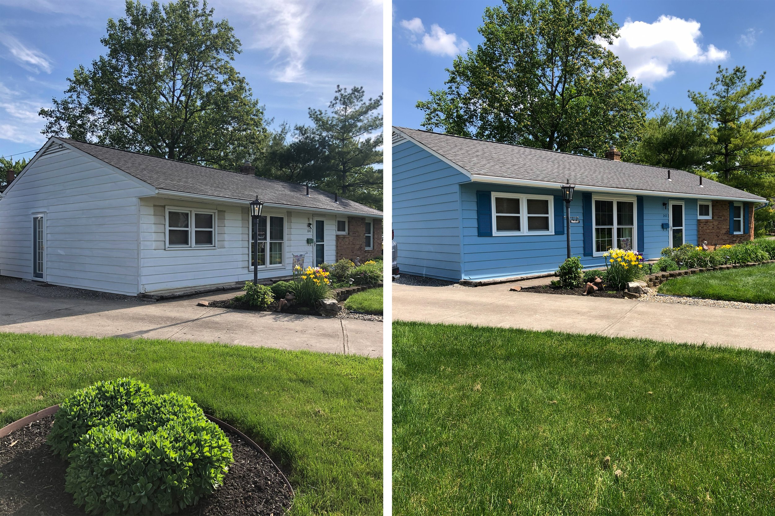 Comparison of a house before and after painting: the left side shows a house with white siding, the right side shows the same house painted blue with decorative shutters, and a well-maintained front yard with green grass and flowers.