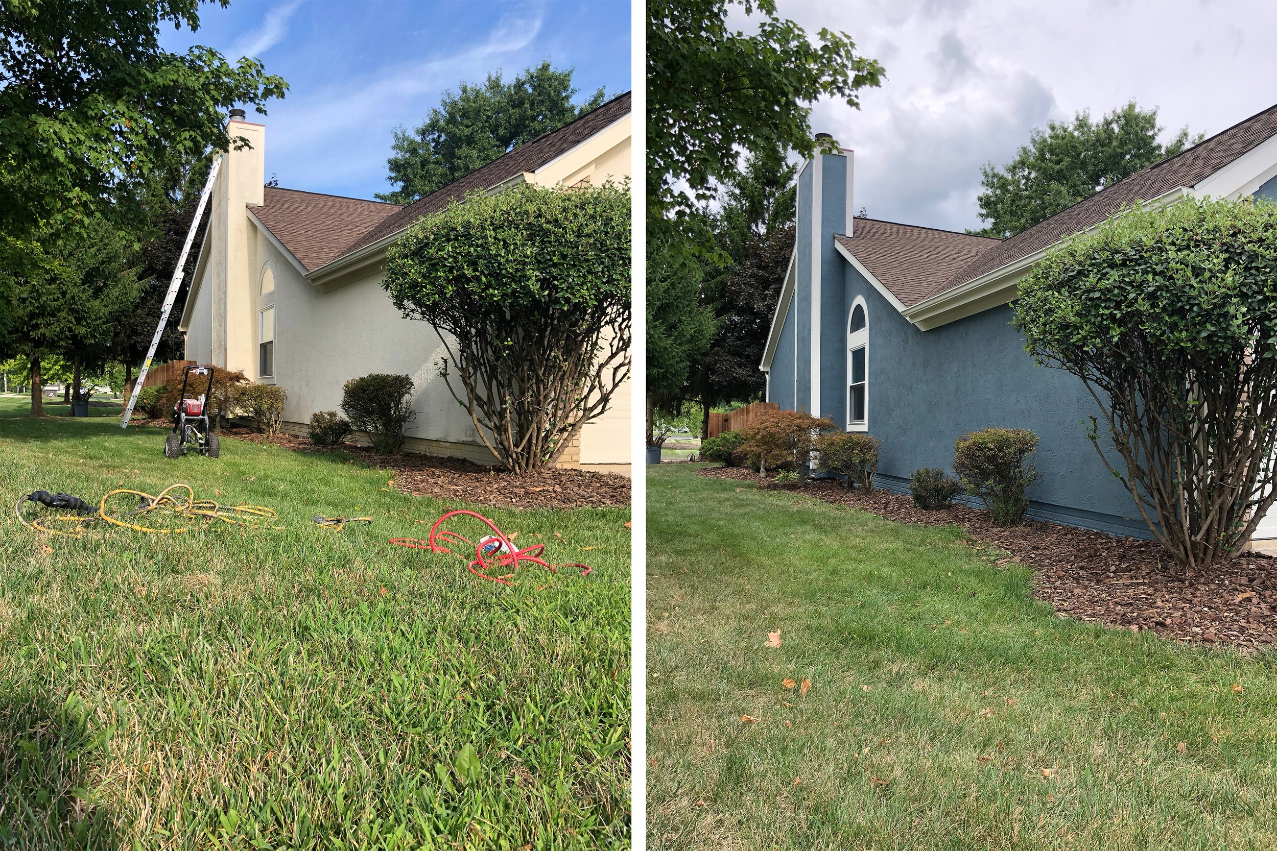 Side-by-side comparison of a house before and after painting; left side shows a house with an unpainted, light-colored exterior, with gardening tools and hose on the lawn, and the right side shows the same house painted in a dark blue color with trim