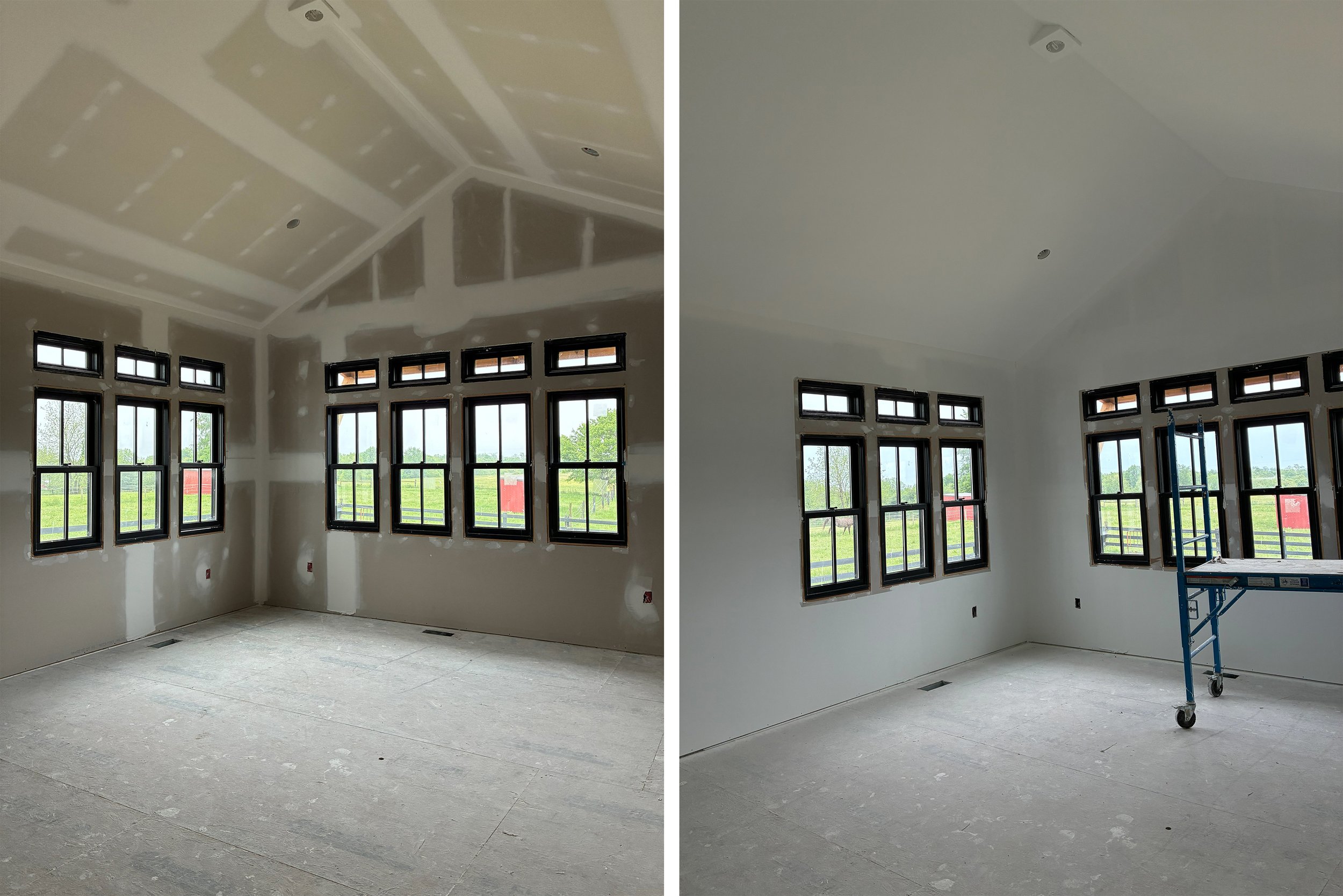 Comparison of a room under construction, with the left side showing drywall installation and the right side showing the same room after painting, with a scaffold present.