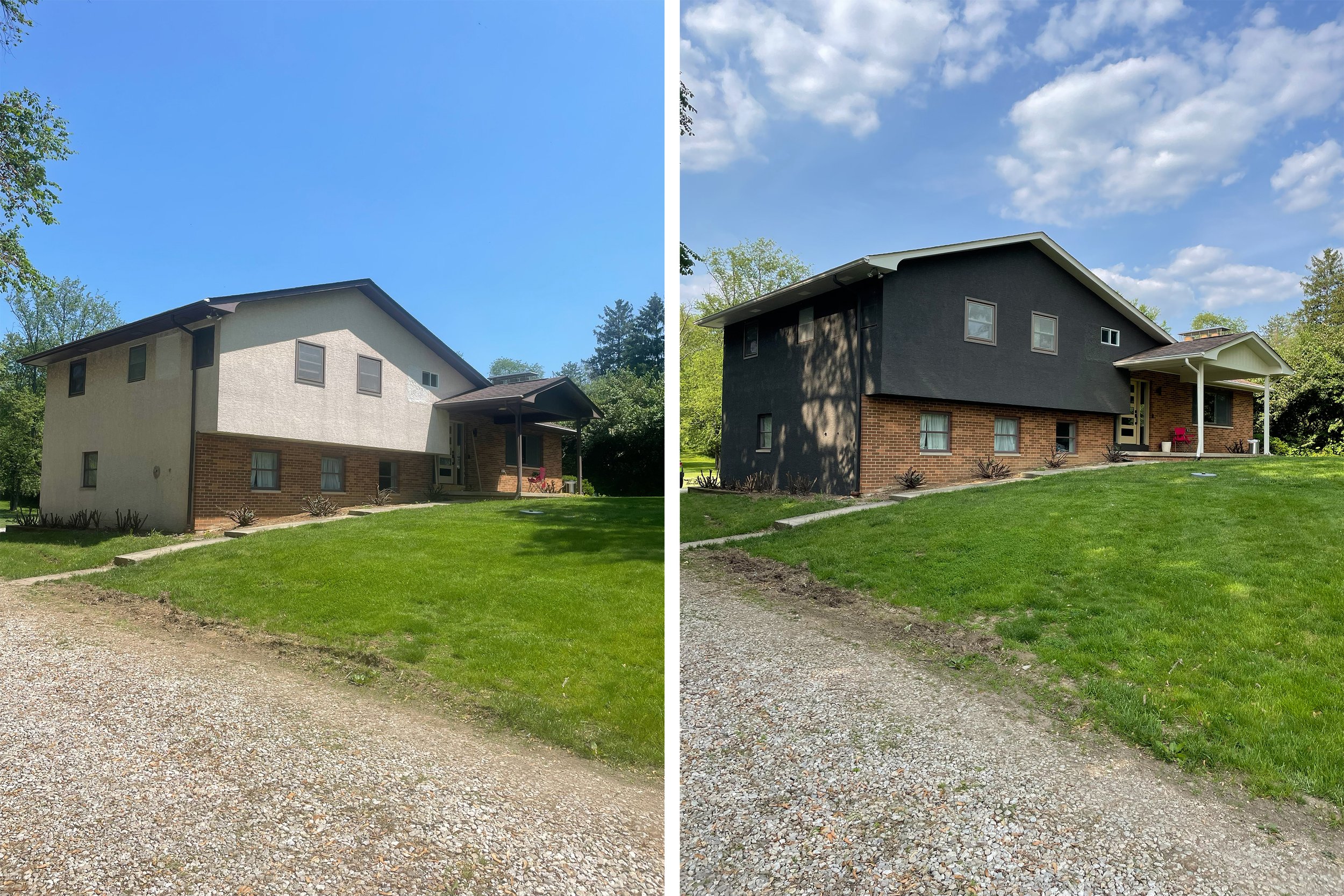 Comparison of two views of the same two-story house, with the left side showing the house with a beige exterior and the right side showing the house painted black, both images featuring a grassy lawn, a gravel driveway, and a partly cloudy sky.