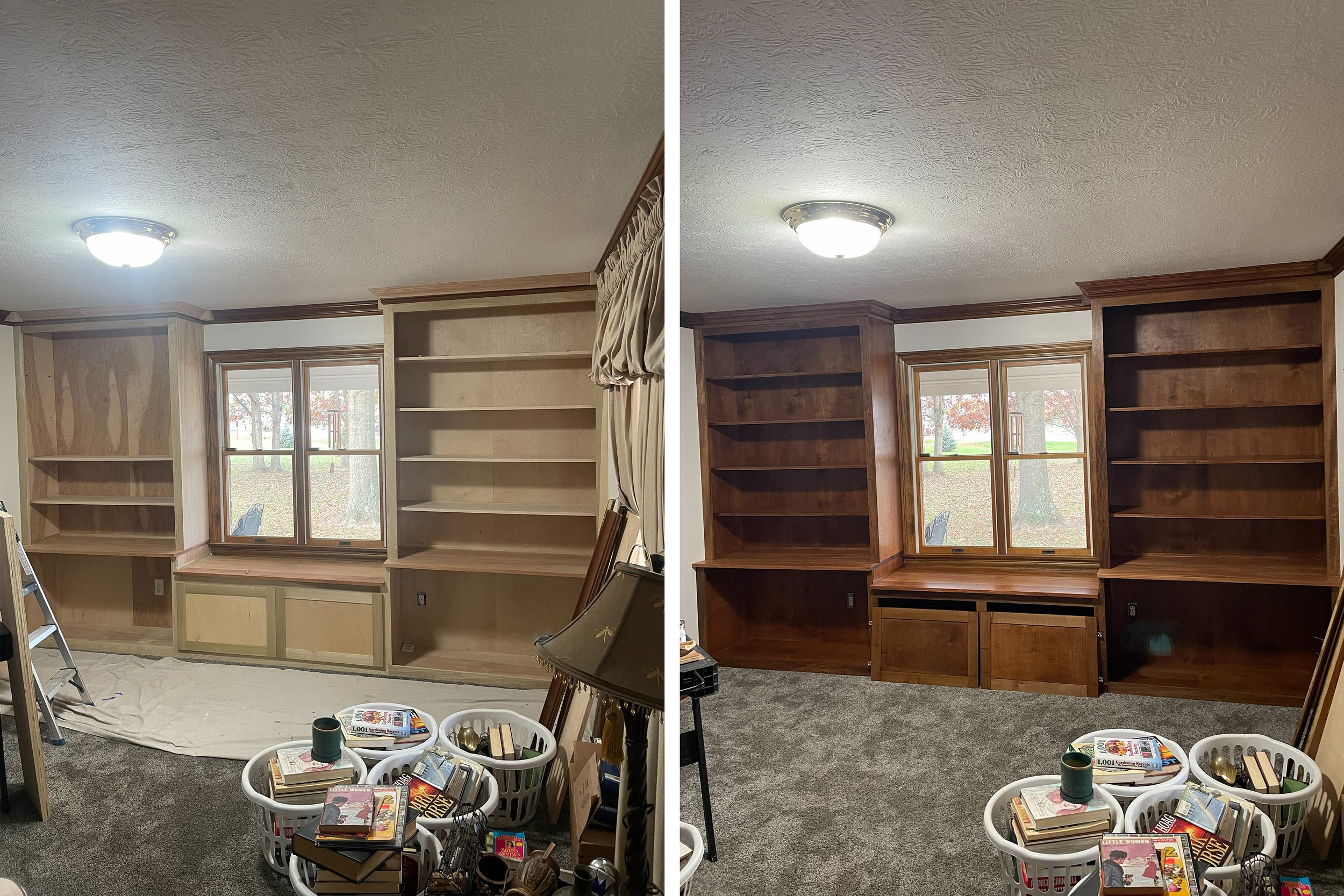 Before and after images of a living room showing the installation of a dark stained wooden built-in bookshelf and window bench, replacing an unfinished wooden bookshelf, with a college football game magazine, books, and baskets on the carpeted floor.