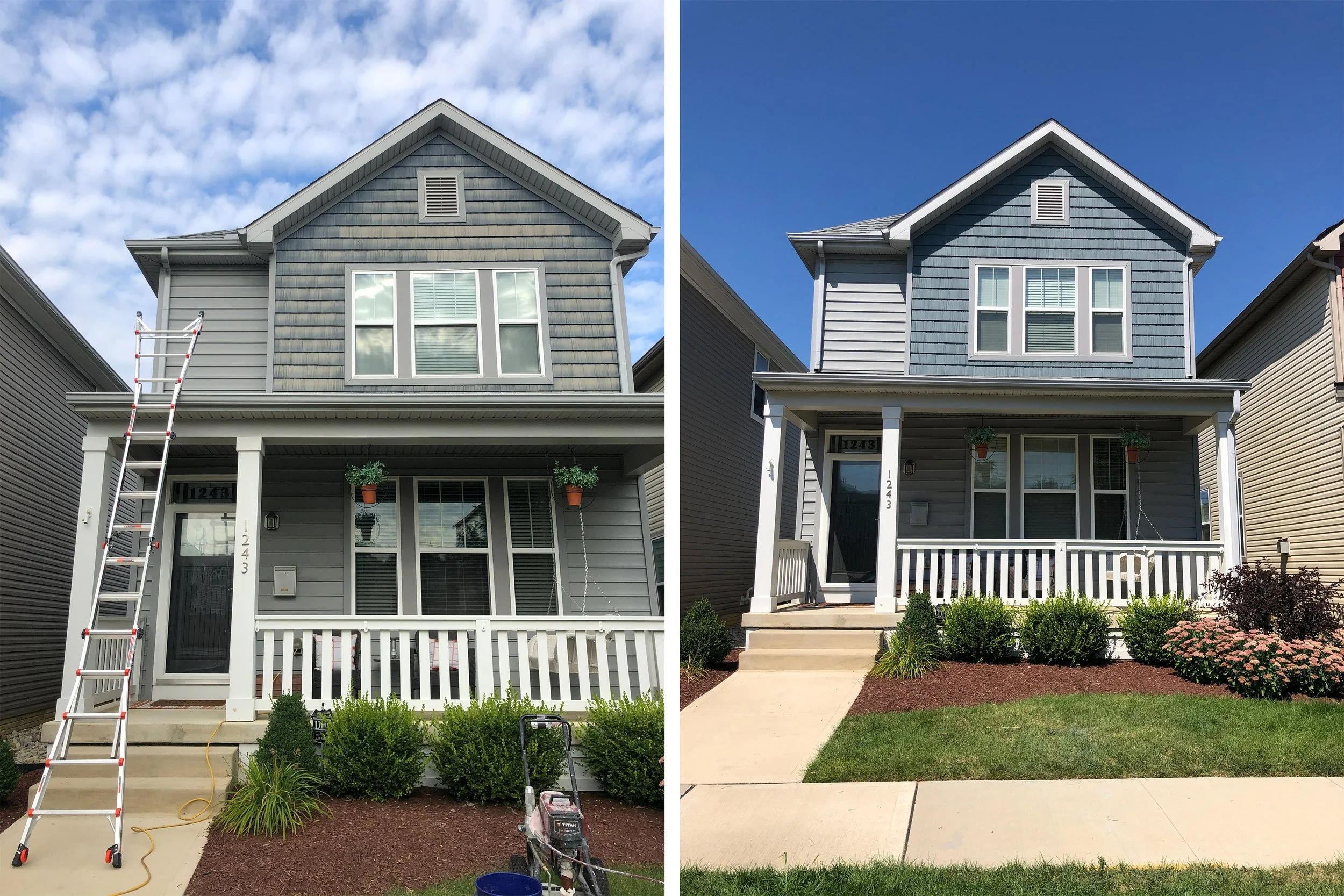 Side-by-side comparison of a house before and after exterior renovation: the left shows the house with weathered blue-gray siding, a ladder leaning against the porch, and construction tools; the right shows the house with fresh, brighter blue-gray si