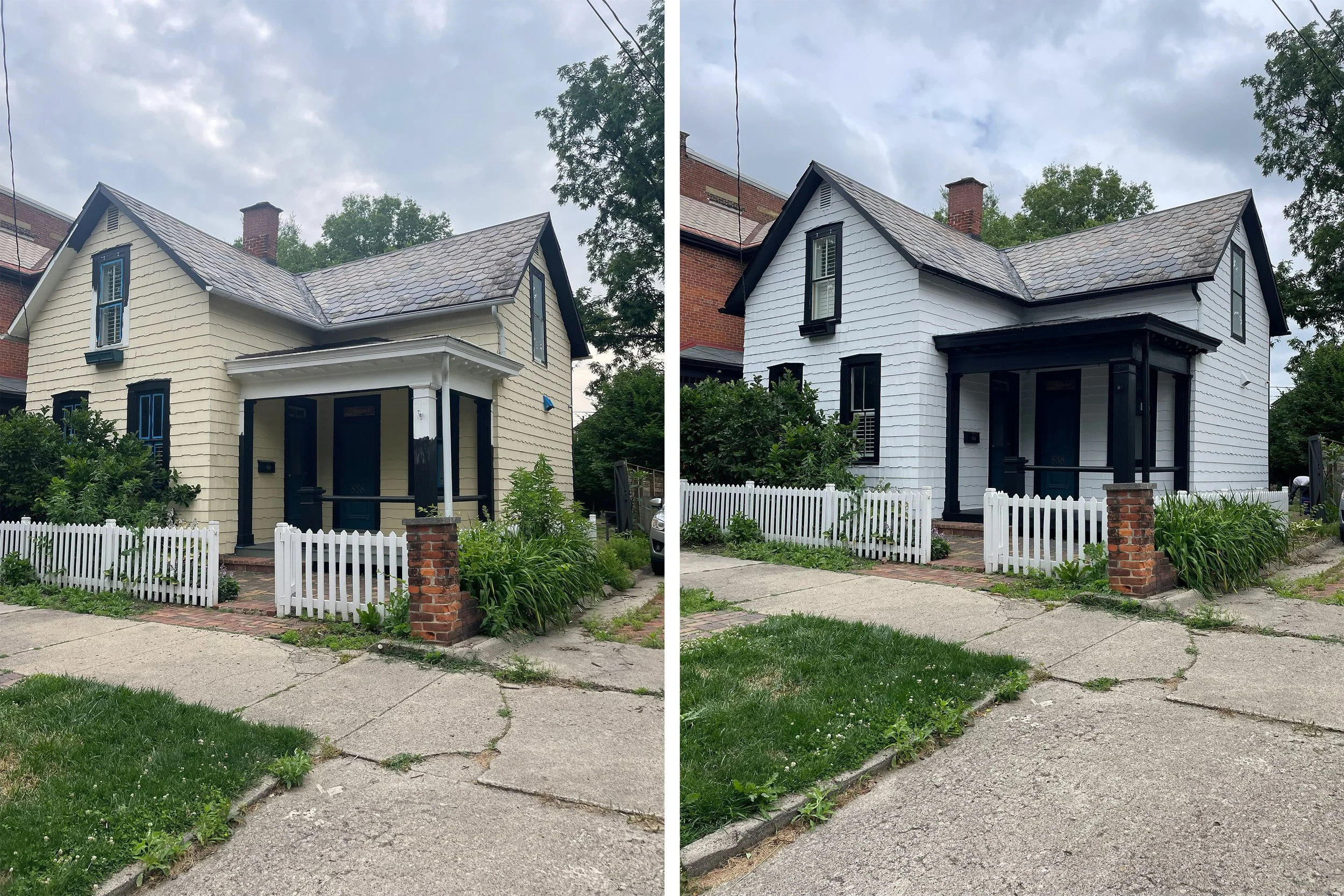 Comparison of two houses showing renovation or repainting. The house on the left has cream-colored siding with black trim, while the house on the right has white siding with black trim and a black porch. Both houses are two-story with a small front y
