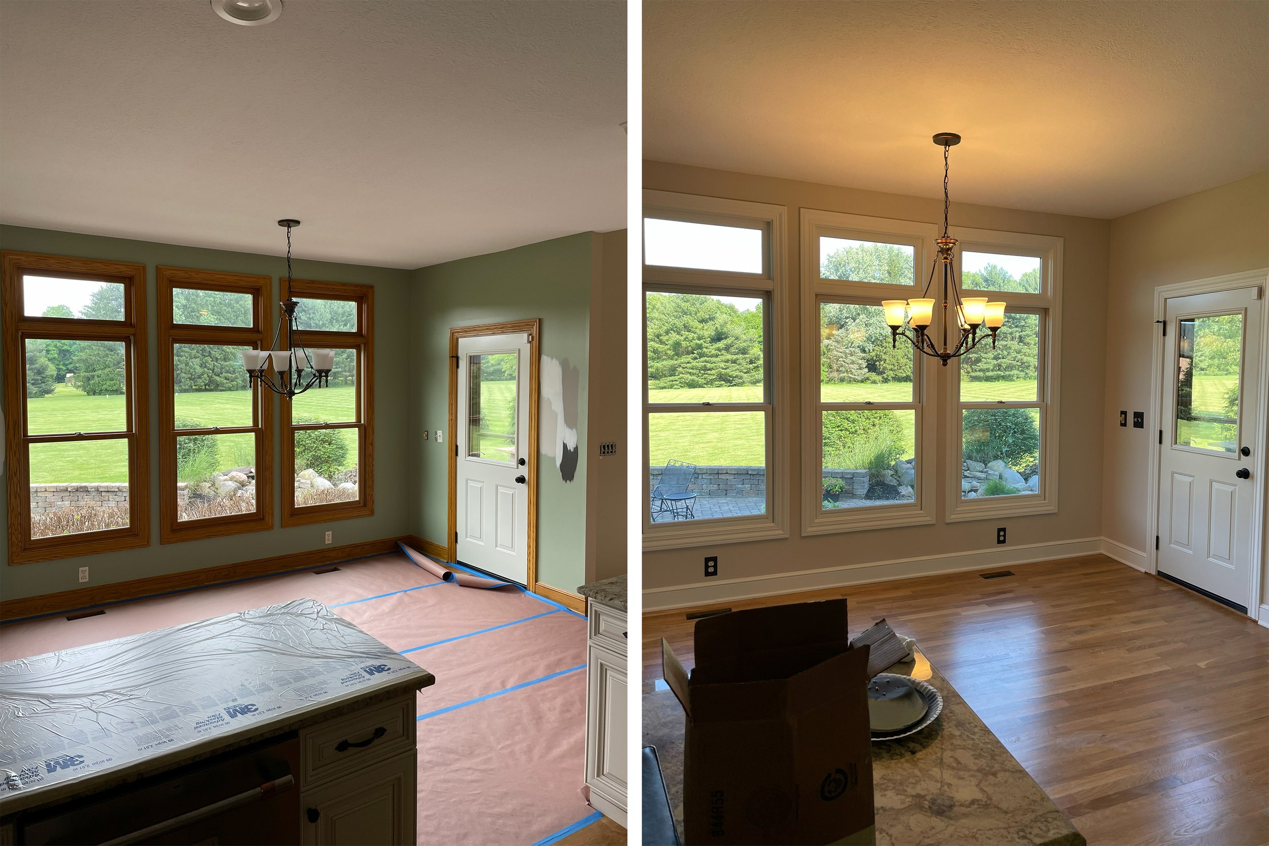 Before and after images of a room renovation showing a room with windows, a chandelier, and access to a backyard, with the walls and flooring upgraded from unfinished to finished hardwood.