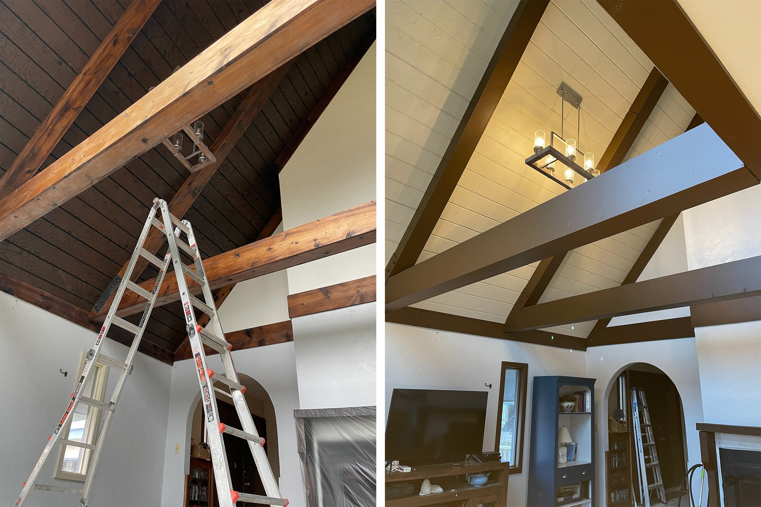 The image shows a room before and after a ceiling renovation. The left side features unfinished dark wood ceiling beams and a silver step ladder, with a partially visible window. The right side displays the completed ceiling with painted light paneli