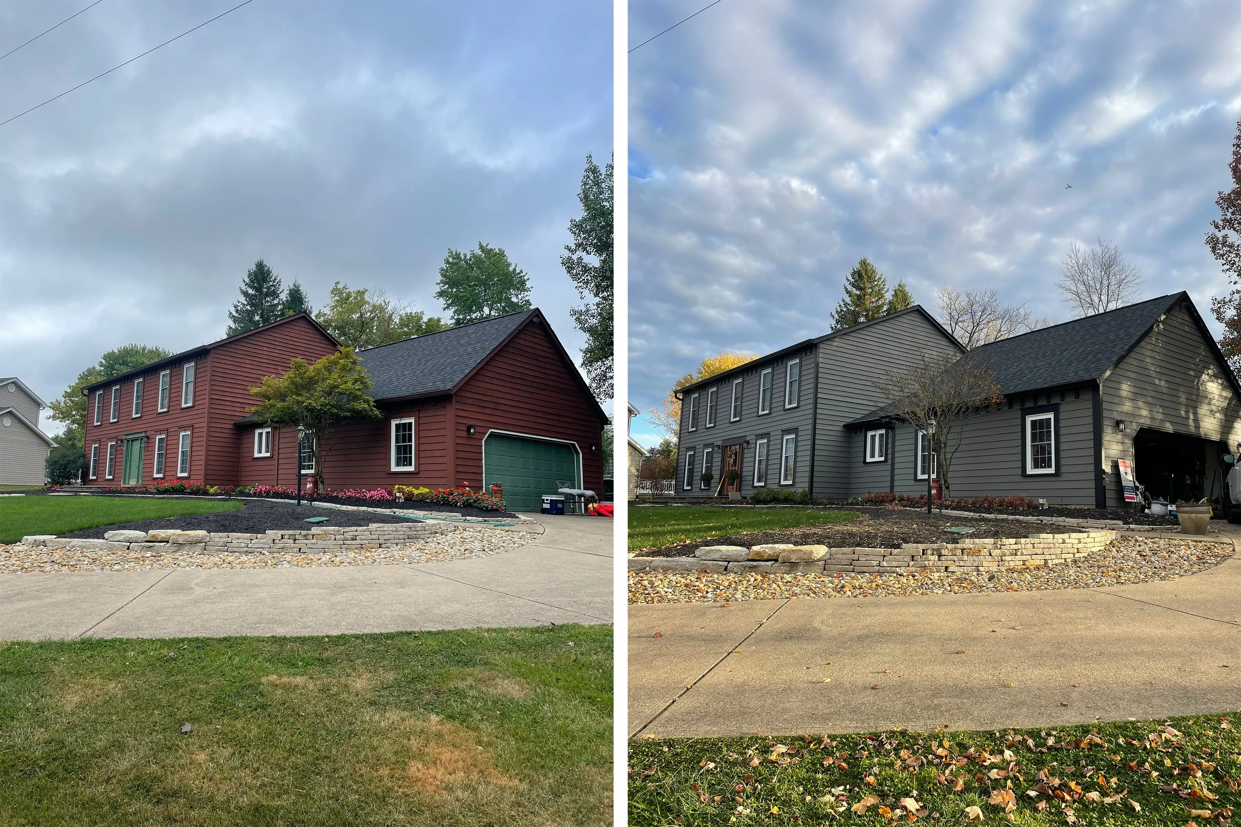 Side-by-side images of the same house, one before painting and one after painting. The house on the left is red with black trim, and the house on the right is gray with black trim.