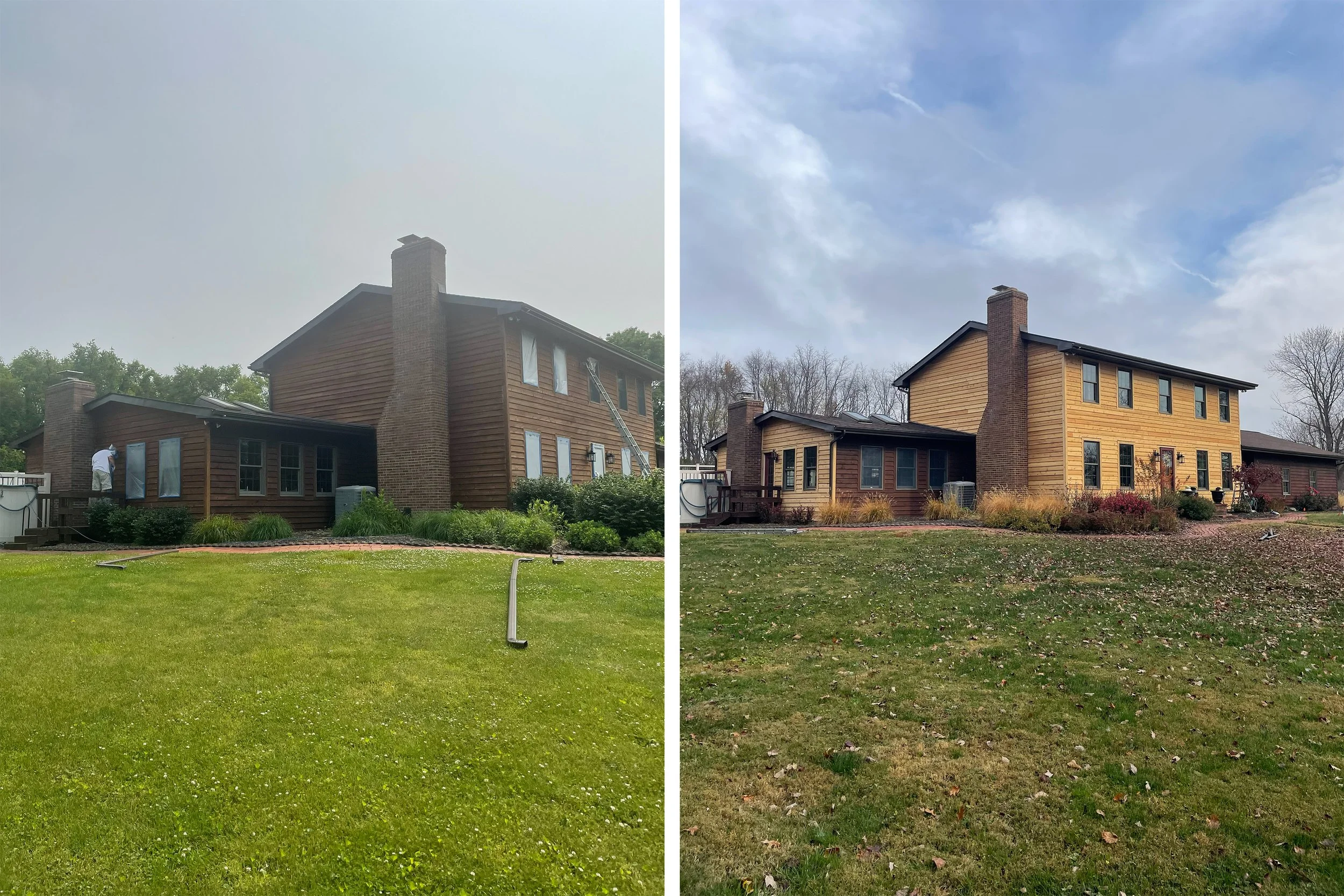 Side-by-side comparison of the same house before and after renovation, showing the house's exterior with a grassy yard and cloudy sky.