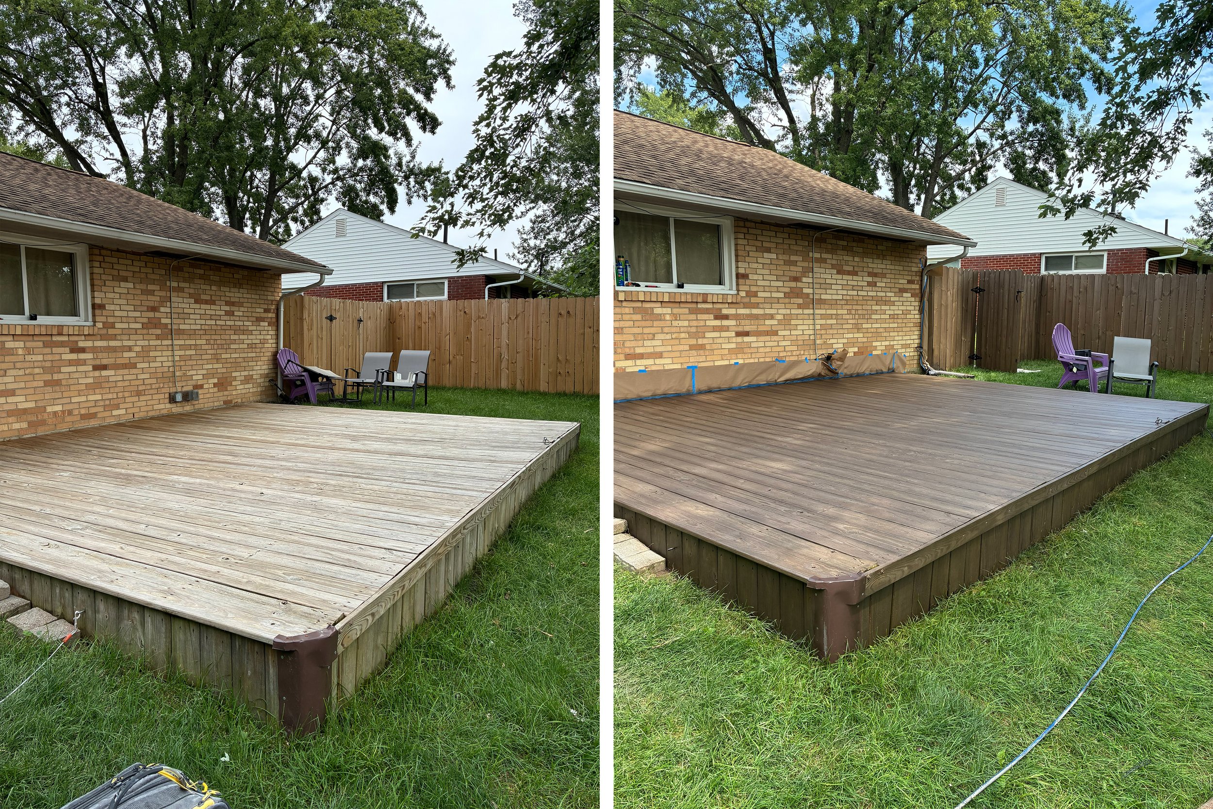 Two side-by-side photos of a backyard deck renovation. The left image shows a weathered, light-colored wooden deck, while the right image shows the same deck with freshly stained, darker wood.