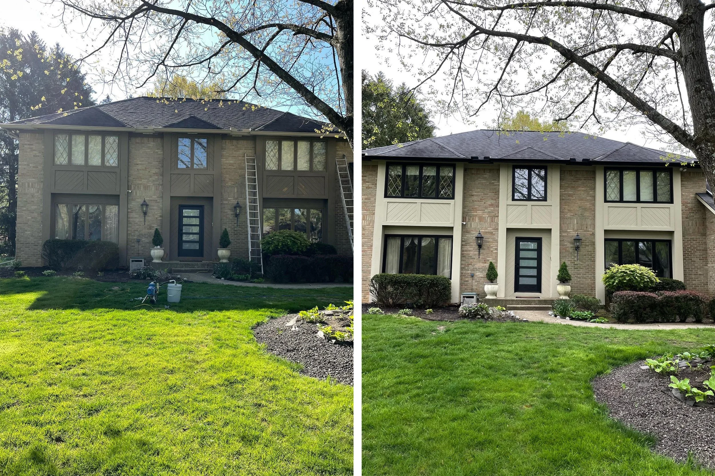 Side-by-side comparison of a two-story residential house before and after renovation. The left shows the house with an older, darker exterior, a ladder leaning against it, and a garden hose on the lawn. The right shows the house with a fresh, lighter