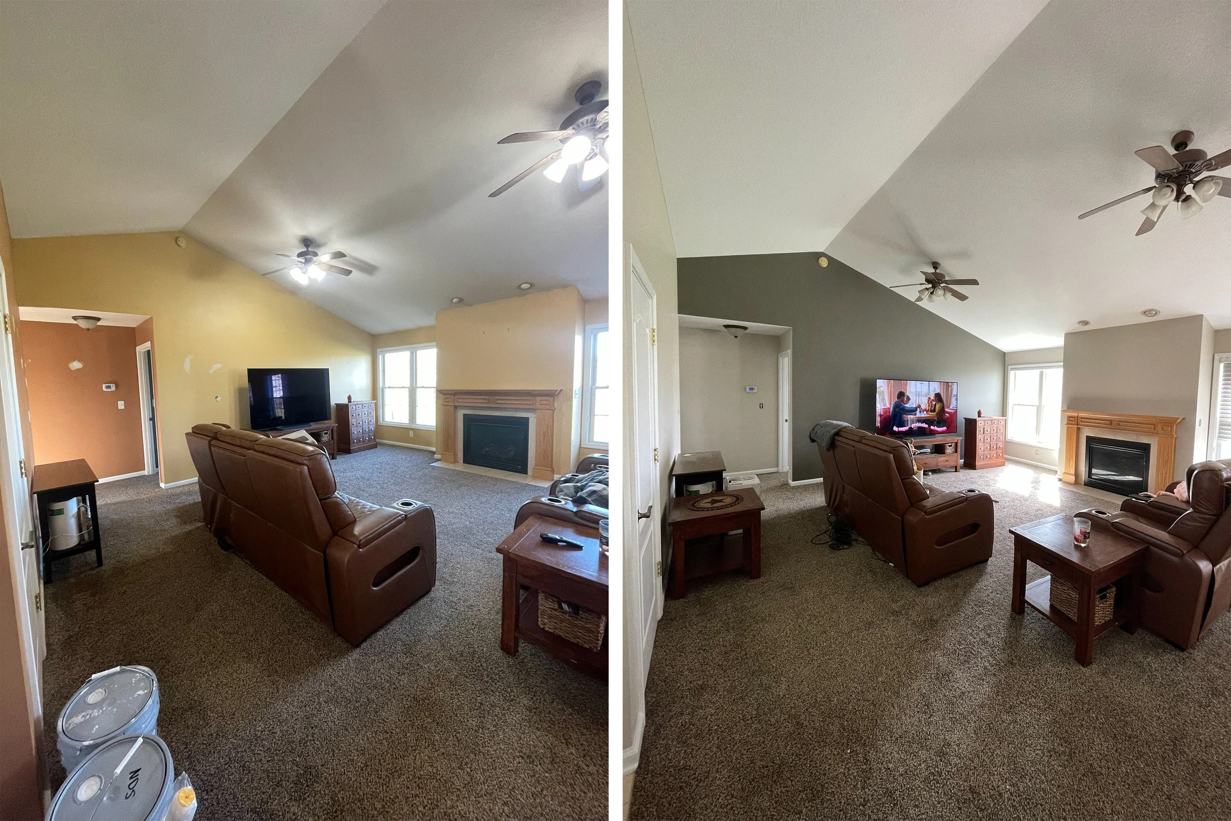 Comparison of two living rooms, showing the same room before and after renovation. The left side has yellow walls, a darker brown fireplace mantel, and an overall darker look. The right side features a gray accent wall, a lighter fireplace mantel, an