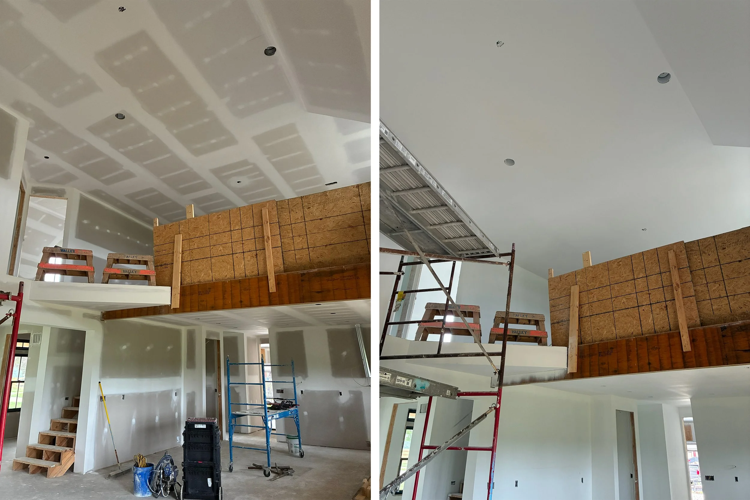 Two side-by-side photos of the interior of a house under construction, showing drywall installation on the ceilings and scaffolding and ladders in the unfinished rooms.