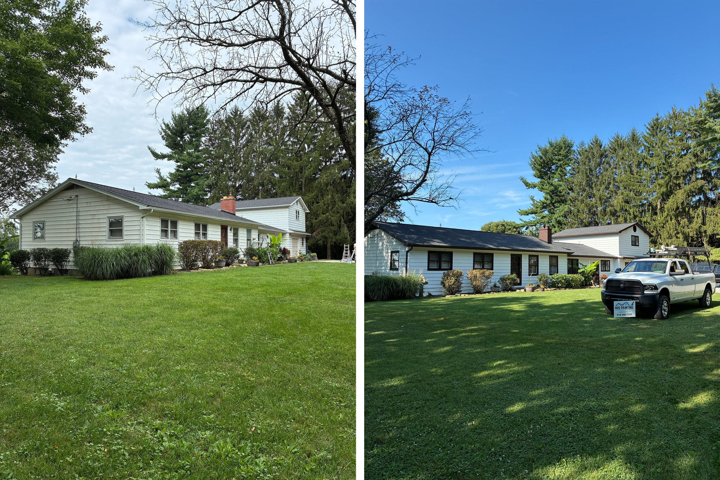 Side-by-side comparison of a house before and after exterior painting. The left shows the house with a dull, faded white paint, while the right shows the house freshly painted in bright white with black trim, a well-manicured lawn, and a parked picku