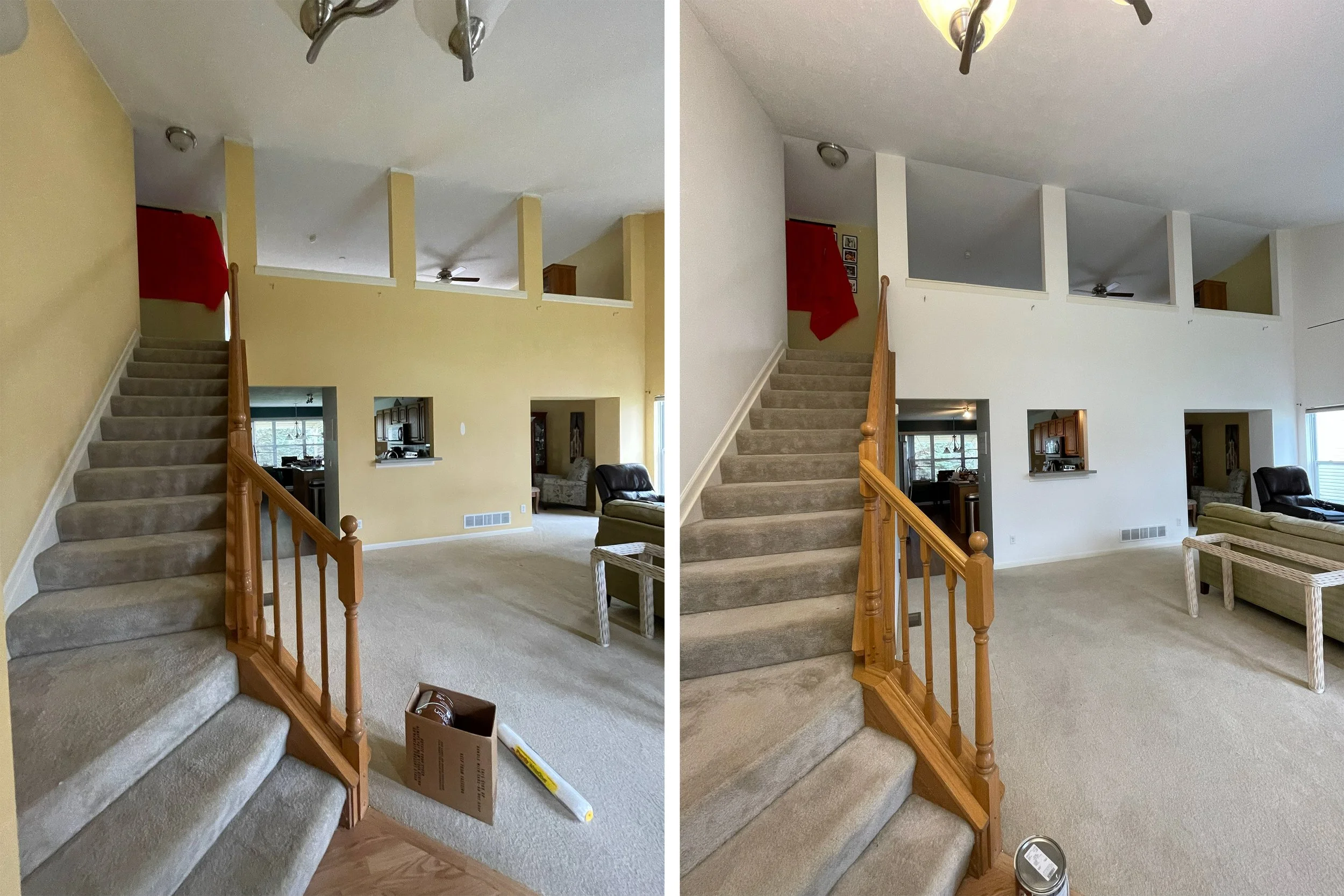 Comparison of a living room before and after painting the walls white. Left side shows the yellow walls, and right side shows the new white walls, with some furniture and a staircase.