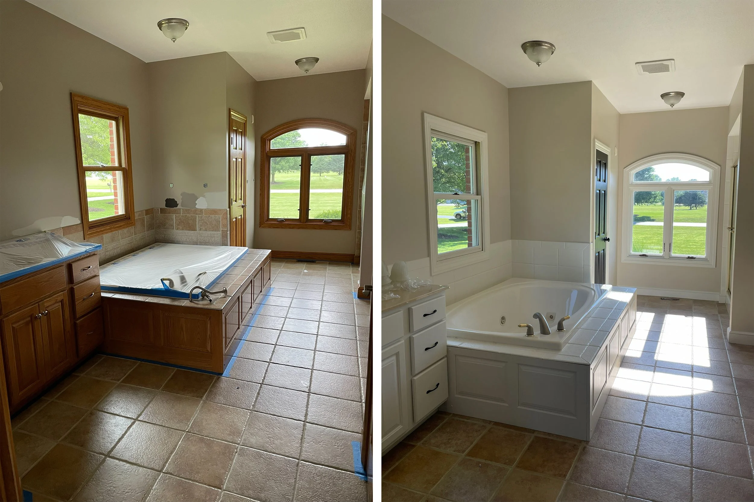 Comparison of a bathroom renovation before and after, showing a space with tile flooring, a large window, and a bathtub, with the after image highlighting a white painted wall, white cabinetry, and a cleaned, brighter appearance.